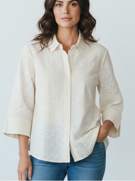 J. Jill | New Beachgrass Eyelet Button-Front Shirt Small 3/4 Sleeves 100% Cotton